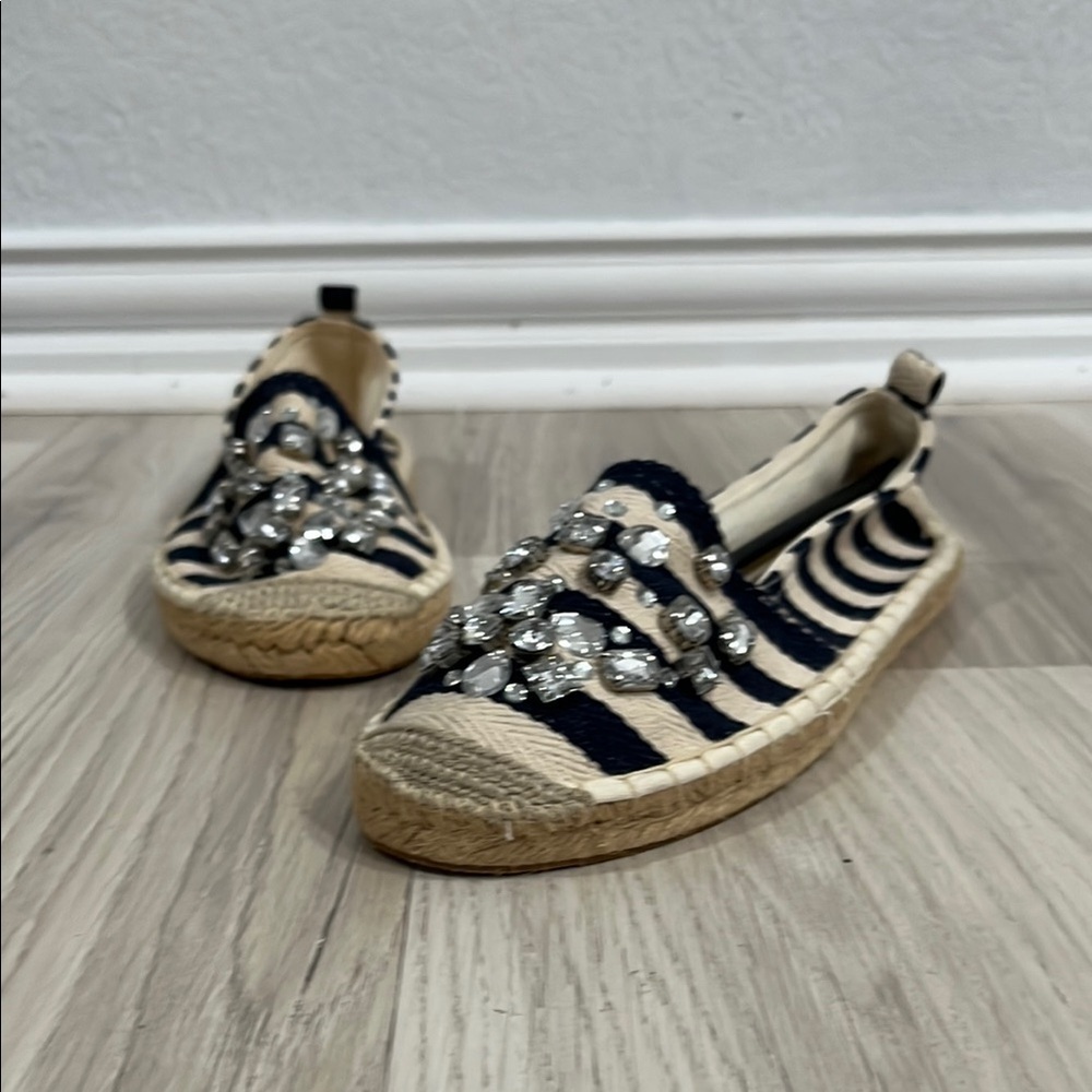 JustFab Navy and Cream Striped Espadrille Flats with Jeweled Accents